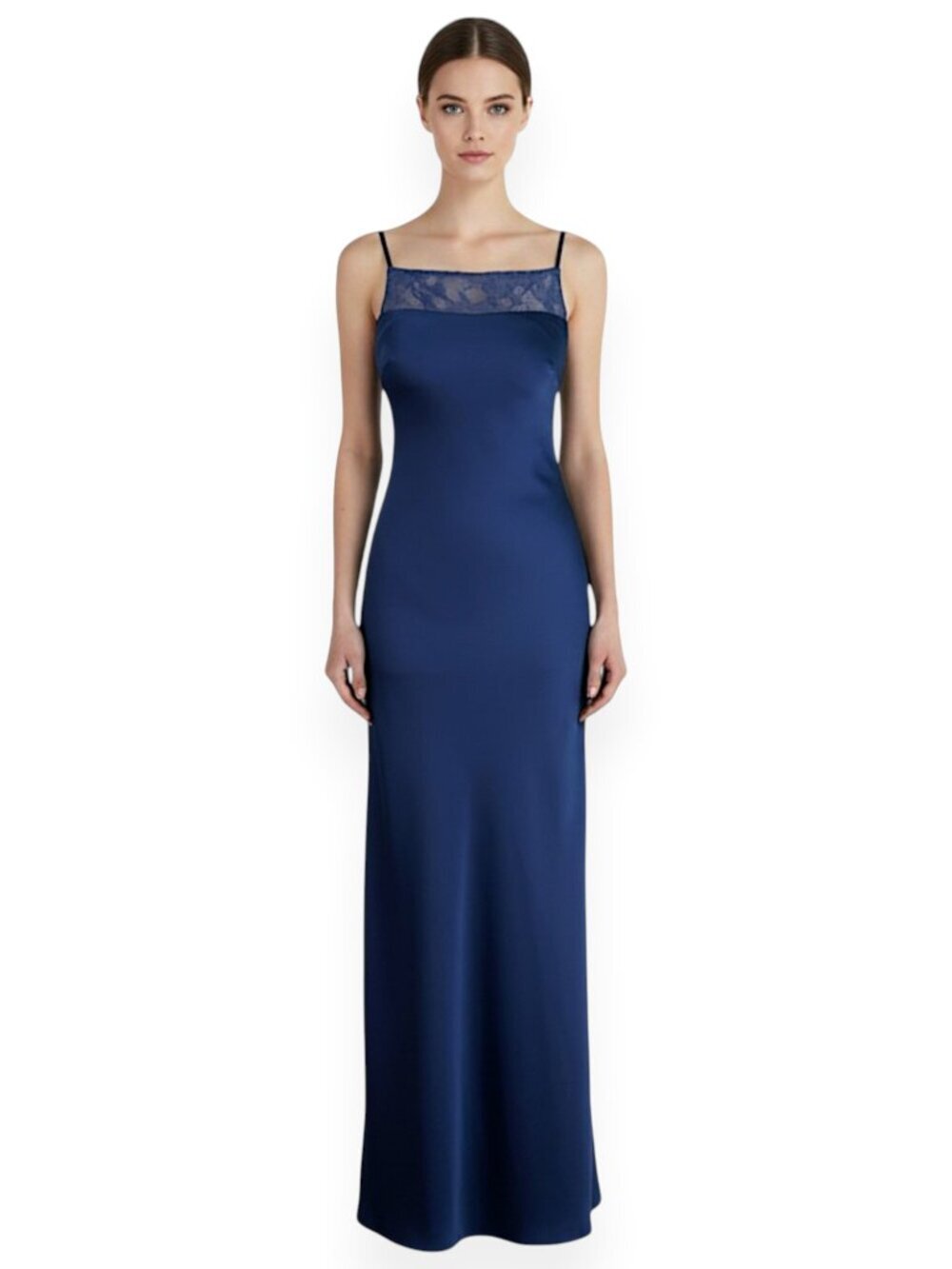 Morilee Mori Lee Navy Blue Satin Lace Button Back Bias Cut Gown Dress NWT New 4